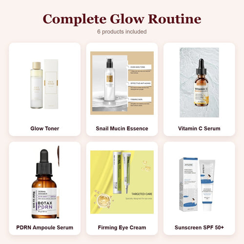 Complete Glow Routine: Glow Toner, Snail Mucin Essence, Vitamin C Serum, PDRN Ampoule Serum, Firming Eye Cream, Sunscreen SPF 50+